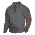 Pull en maille grise texturée pour hommes avec col boutonné et coudières marron - S / Hauts / Gris foncé