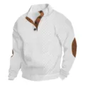 Pull blanc pour homme en maille torsadée avec col boutonné et patchs marron aux coudes. - Blanc