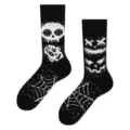 Black and white Gothic style crew socks with skull and spider web jacquard patterns - One Size / Black White Skull