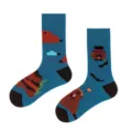 Mismatched teal blue cotton crew socks featuring cartoon beaver jacquard patterns - One Size / Mound Gentleman