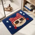 Blauwe pluche badmat met schattige cartoon kat met rood gestreepte muts en sterren - Kat met Gestreept Hoedje
