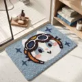 Zachte absorberende badmat met een schattig vliegenierskat-ontwerp op blauwe basis - Witte Pilotenkat