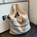 Blue striped knit tote bag, casual large capacity beach shoulder bag for autumn style. - Off White