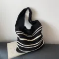 Black white striped crochet tote bag casual woven shoulder bag large capacity beach handbag - Black