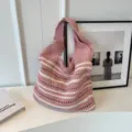 Pink and white striped knit shoulder bag, casual crochet tote bag for daily fashion wear. - Pink