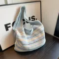 Light blue crochet shoulder bag casual knit tote beach bag stylish underarm bag for women - Blue