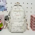 Lässiger Sternen Canvas Rucksack mit mehreren Fächern und großem Stauraum für Schule Reise. - Mit Anhänger / Gebrochenes Weiß