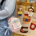 Cute Japanese style pink striped mini backpack crossbody bag with puppy patch and bow. - Pink with Pendant / Pink