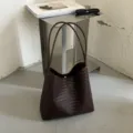 Dark brown woven leather tote bag, stylish retro shoulder bag for women daily commute use. - Coffee Leather Surface