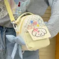 Cute Japanese style canvas mini backpack with cute dog embroidery and blue bow pendant. - Yellow with Pendant / Yellow