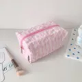 Detailed view of the pink plaid makeup bag with cute bow embroidery, large capacity aesthetic pouch. - Pink Plaid
