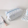 Blue and white plaid cosmetic bag, cute embroidered bow pencil case, large storage organizer. - Blue Checkered