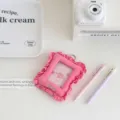 Pink ruffled fabric photocard holder 3 inch ID badge holder cute stationery pendant - Rose Red