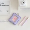Quilted fabric 3 inch photocard holder pendant, cute ruffles design for student ID and cards. - Purple