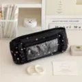 Cute black pencil pouch with pink stars and clear window for student stationery and school supplies. - Black