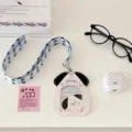 Cute PU card holder with lanyard, kawaii dog design, student campus ID and photo protector. - White Corgi