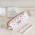Ins cute strawberry quilted pencil case aesthetic makeup pouch for student school supplies. - Red