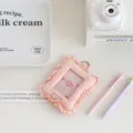 Pink quilted fabric photocard holder with ruffled lace trim, cute 3-inch ID card sleeve. - Pink