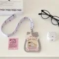 Cute cat PU leather card holder with lanyard student ID bus card protective sleeve cute. - Grey Cat