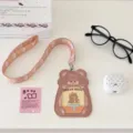 Cute PU card holder with lanyard aesthetic bear ID badge protector for school students daily use. - Brown Bear