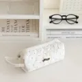Quilted pencil pouch detail, white fabric with cute gray polka dots, portable handle. - White