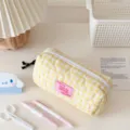 Yellow checkered quilted pencil case, cute stationery storage bag for students and office use. - Yellow