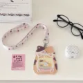 Cute cat PU leather card holder with lanyard, perfect for student ID and transit cards. - Orange Cat