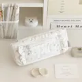 Ins style white star pencil case with cute ruffles, large capacity stationery storage bag. - White