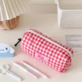 Red and white gingham quilted pencil pouch, aesthetic cute large capacity stationery bag. - Rose Red
