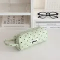 Green quilted pencil pouch with heart pattern and black dots, portable stationery bag. - Green