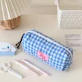 Ins-style quilted plaid pencil pouch large capacity cute stationery storage bag for students - Blue