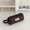 Brown quilted pencil case with pink hearts, portable student stationery pouch and makeup bag. - Brown