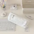 Minimalist lace pencil case, high aesthetic student stationery bag and large capacity makeup pouch. - White