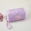Purple leopard plush pencil case makeup bag with wrist strap and cute pink label detail. - Light Purple Leopard