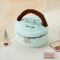 Fluffy round mint green cosmetic bag with brown handle, cute plush makeup travel organizer. - Lake Green