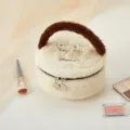 Cute plush cosmetic bag fluffy round portable travel storage pouch for makeup and lipstick. - Off White