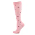 Leistungsstarke pinke Kompressionssocken lang mit buntem Schmetterling-Blumenmuster - S/M / Rosa Knöpfe