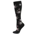 Hochwertige schwarze Kompressionsstrümpfe mit elegantem rosa Blumen- und Schmetterlingsmuster - S/M / Chrysantheme auf schwarzem Hintergrund