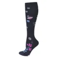 Elegant black knee-high compression socks with vibrant floral and butterfly knit patterns - S/M / Floral Rose Red