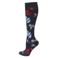Navy blue long sports compression socks with colorful floral leaf pattern design - S/M / Floral Red