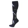 Black knee-high sports compression socks with pink floral and butterfly print details. - S/M / White Butterfly
