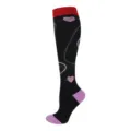 Black knee-high compression sports socks featuring pink heart pattern and red cuffs - S/M / Medical Series - Red Rib Heart / Black
