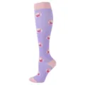 Purple long sports compression socks featuring cute pink pig face patterns - S/M / Cute Series - Piggy / Purple