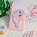 Cute cartoon plush unicorn notebook, soft furry cover with sequin detail, perfect student diary. - Pink
