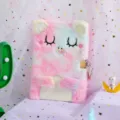 Cute fluffy plush diary notebook with lock for kids pastel tie-dye bear design school stationery - A5 / Pink Multi