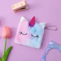 Cute plush unicorn coin purse with pink blue gradient fur, embroidered eyes and keychain. - Purple