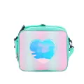 Detailed view of the mint green glitter lunch bag featuring a shiny holographic heart design. - Light Green Colorful