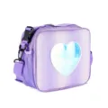 Detailed view of the purple glitter laser lunch bag with holographic heart and shoulder strap. - Lavender Colorful