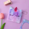 Cute gradient purple plush unicorn coin purse with glitter horn and secure zipper closure. - Rose Red