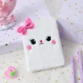 Simpatico taccuino in peluche bianco con fiocco di paillettes rosa e simpatico ricamo - Stile Fiocco 2 - Bianco
